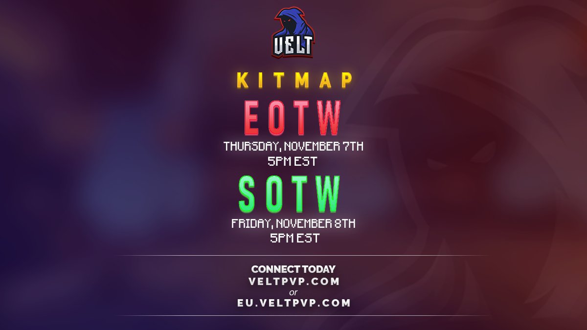 VeltPvP's tweet image. ⏰ KitMap resets next weekend &amp;amp; we hope to see you there!

• KitMap’s EOTW will be this Thursday @ 5PM EST
• KitMap’s SOTW will be this Friday @ 5PM EST

📄 veltpvp.com/thread/1573/Ki…

We're also giving away 2 ranks!

• 2x Velt Rank

❤️, 🔄 and comment your IGN below to enter!