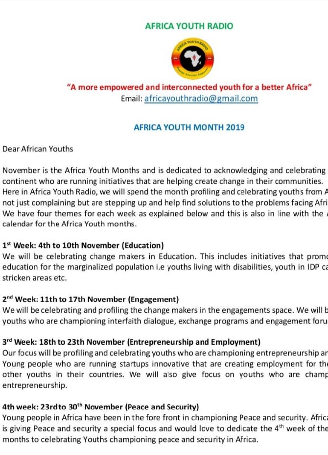 AfricYouthRadio's tweet photo. ❗️Opportunity❗️

Participate in the @AfricYouthRadio #AYM2019 Initiative. Details on the Poster

Inquiries: africayouthradio@gmail.com

#EngageEducateEmpower #1mBy2021  #CountMeIn 

@auyouthenvoy_ @ProfSarahAgbor @AYCommission
@MwabaNdalama @PetriderPaul @ChoonaraShakira @uevode https://t.co/N7apgiQwiY
