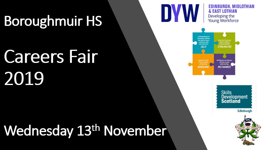 Careers Fair on Wednesday 13th November @BoroughmuirHS Lots of different organisations will be attending to share skills and knowledge of their industries  #DYW #skills #futureopportunities