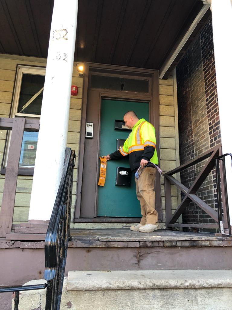 keepourhomesjc's tweet photo. @kmlcarpenters are out on the doors in #JerseyCity this weekend urging working families to VOTE NO on the BAN on short-term rentals like Airbnb that will hurt our pocketbooks to the benefit of the New York hotel lobby. #StopTheBan #VoteNoOnQuestion1 https://t.co/eMDE0XVZeM