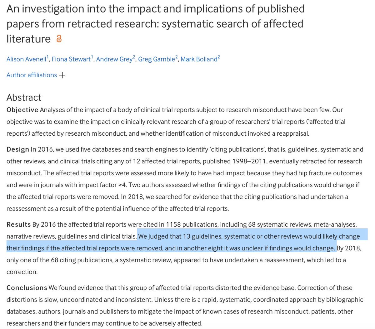 Harms of retracted research, when systematic reviews, meta-analyses, and clinical guidelines do not update to remove retracted research. Important new paper in <a href="/BMJ_Open/">BMJ_Open</a> dx.doi.org/10.1136/bmjope… #retractions #evidencesynthesis