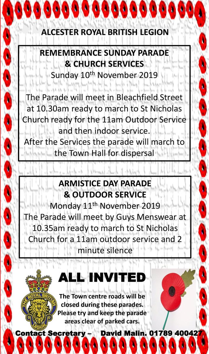 It's Remembrancetide in Alcester. Please join us this weekend as we Remember. Lest We Forget. <a href="/strat_observer/">Stratford Observer</a> <a href="/EventsWhatsOn/">Stratford upon Avon</a> <a href="/HeraldNewspaper/">Stratford Herald</a> <a href="/Redd_Advertiser/">Redditch Advertiser</a> <a href="/AlcesterNews/">Alcester News 🗨</a> <a href="/WhatsOnWarwicks/">Warwickshire What's On</a> <a href="/WarksVeterans/">Warwickshire Veterans</a> @Redditchnews <a href="/RedStand/">Redditch Standard</a>