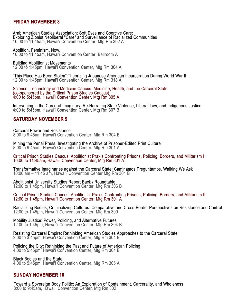 stschrader1's tweet image. If you're attending the @AmerStudiesAssn #2019ASA meeting in Honolulu this week, on Sat. there will be 2 great panels about new policing books, plus an after-party, feat. me, @marisollebron, @mfkantor, @Prof_Suddler, @SimonBalto, @klytlehernandez, Naomi Murakawa, &amp;amp; Micol Seigel.