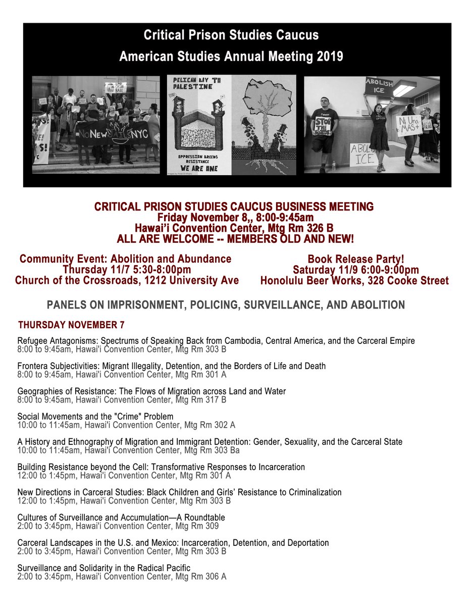 stschrader1's tweet image. If you're attending the @AmerStudiesAssn #2019ASA meeting in Honolulu this week, on Sat. there will be 2 great panels about new policing books, plus an after-party, feat. me, @marisollebron, @mfkantor, @Prof_Suddler, @SimonBalto, @klytlehernandez, Naomi Murakawa, &amp;amp; Micol Seigel.