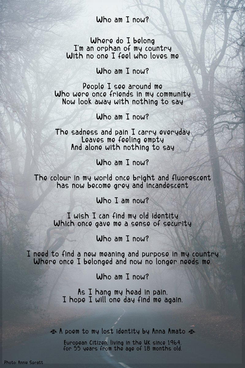 ‘I have been refused citizenship  in the only country I’ve ever lived in for 55 years’.

Anna Amato, an EU citizen in the UK since 1964, wrote a touching poem to her lost identity.

Brexit has affected many people much deeper than you would imagine.

#ThisIsOurHome
#InLimbo