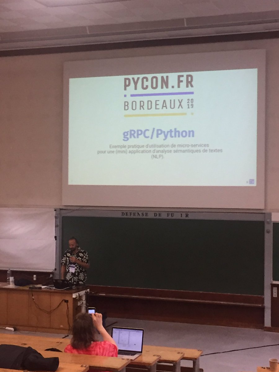 blacherez's tweet photo. gRPC/Python : Exemple pratique d'utilisation de micro-services pour une (mini) application d'analyse sémantique de textes (NPL) par @RenellYoyonel #PyConFr #pyconfr2019 https://t.co/L6XUXjQhoN