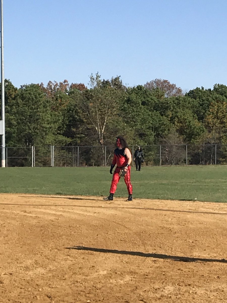 TheJakemon's tweet image. I’m playing men’s softball against a team all dressed up as WWE wrestlers. Kane is at 2nd