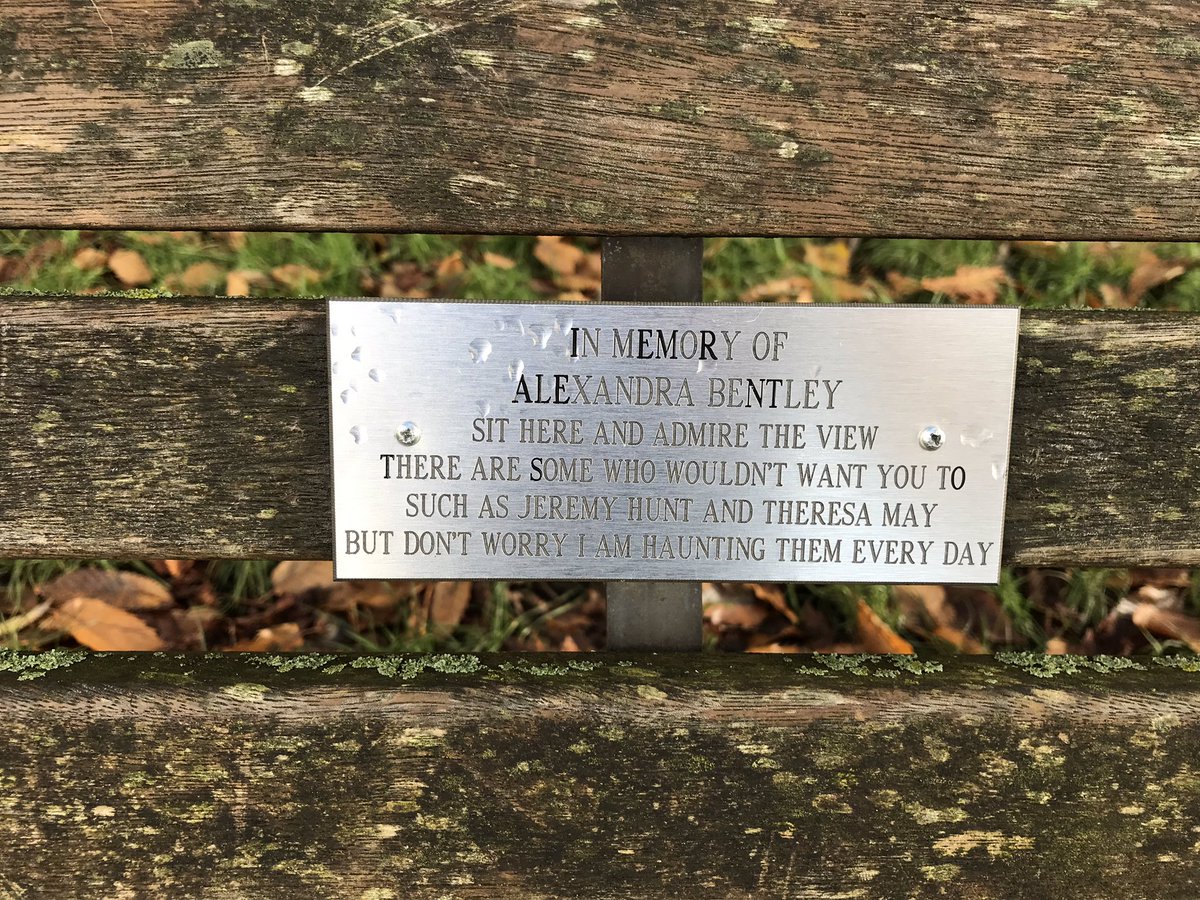 joe_thomas18's tweet photo. Excellent work beyond the grave from Alexandra Bentley, in Sefton Park (and what a view too): “Sit here and admire the view, There are some who wouldn’t want you, Such as Jeremy Hunt and Theresa May, But don’t worry I am haunting them every day” https://t.co/LP9Cuz4Ha9