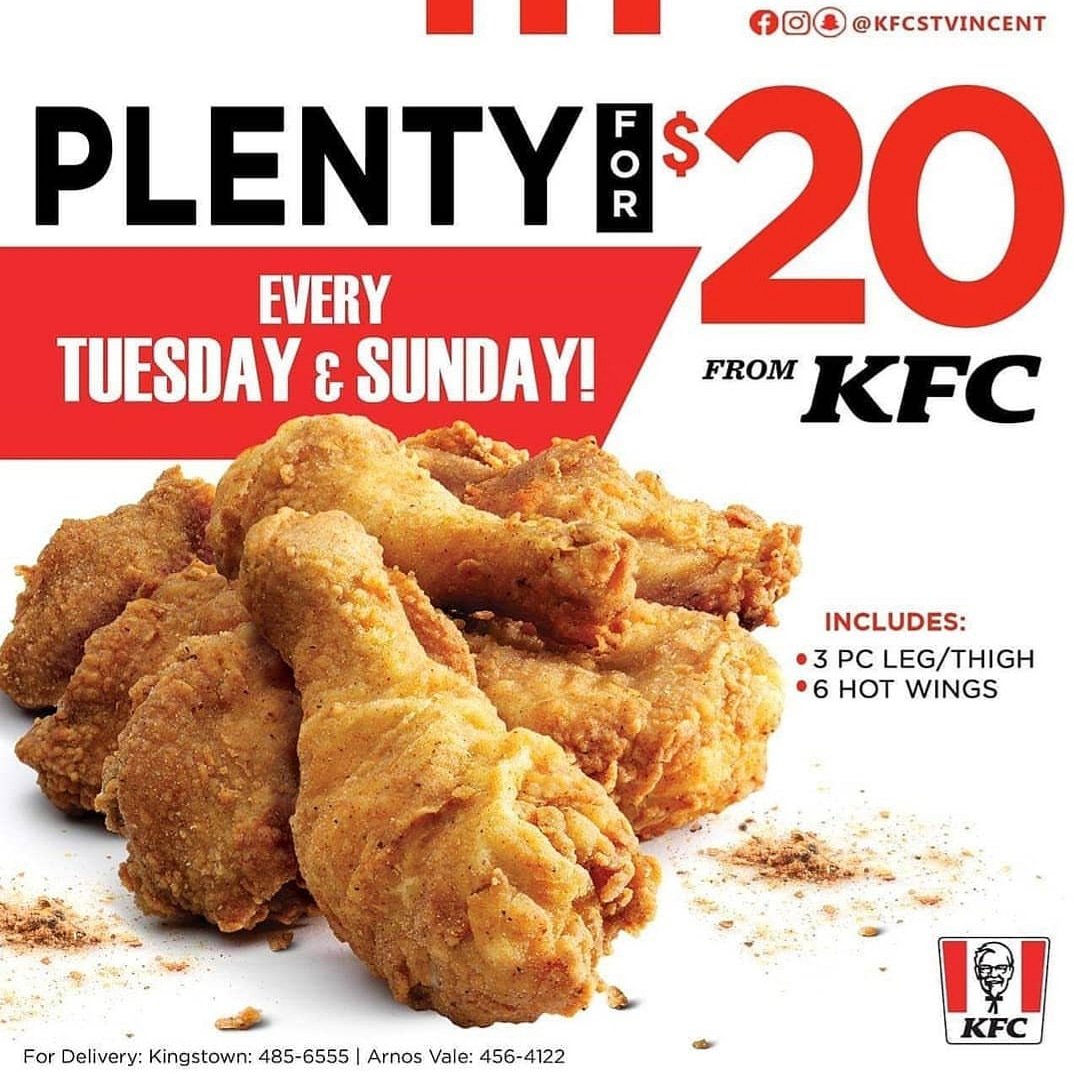 kfc_stvincent's tweet photo. Plenty for $20 Sundays are back at KFC!
Get 3pc Leg & thigh + 6 hot wings for ONLY $20! #WhattaDeal!
Available today at KFC!
For Delivery:
Arnos Vale: 456-4122
#KFCStVincent #KFCSVG #itsFingerLickinGood https://t.co/mxiJIWiZue