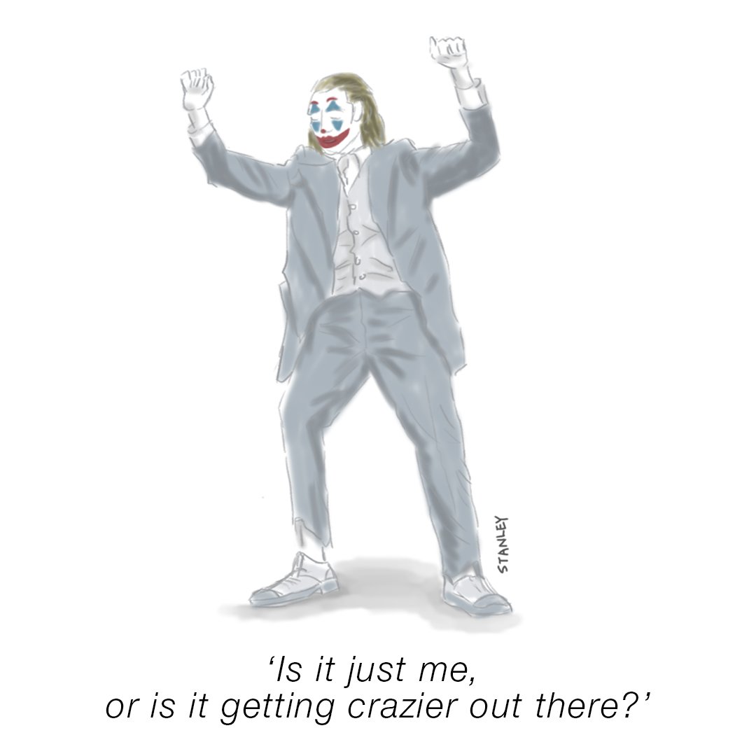 SneakerConcept_'s tweet photo. Is it just me or is it getting crazier out there? #JokerMovie #DCComics #TNYcartoons #fubiz #thedesigntip #itsnicethat #CreativeBoom #illustrations https://t.co/R13DHlZhot