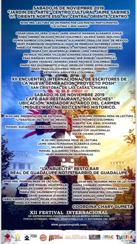 Programa de #literatura de <a href="/ProyectoPosh/">Proyecto Posh</a> del 13 al 15 de noviembre en <a href="/TuxtlaCapital/">Tuxtla Gutiérrez</a> y el 16 de noviembre en <a href="/SANCRISTOBALDE2/">SAN CRISTOBAL DE LAS CASAS</a>