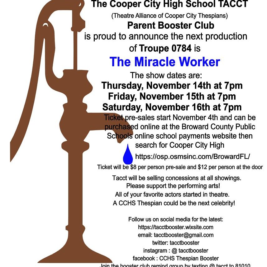 TACCTBOOSTER's tweet photo. Please come out and support the CCHS Thespians upcoming production of The Miracle Worker! https://t.co/PNhQXRvPgo