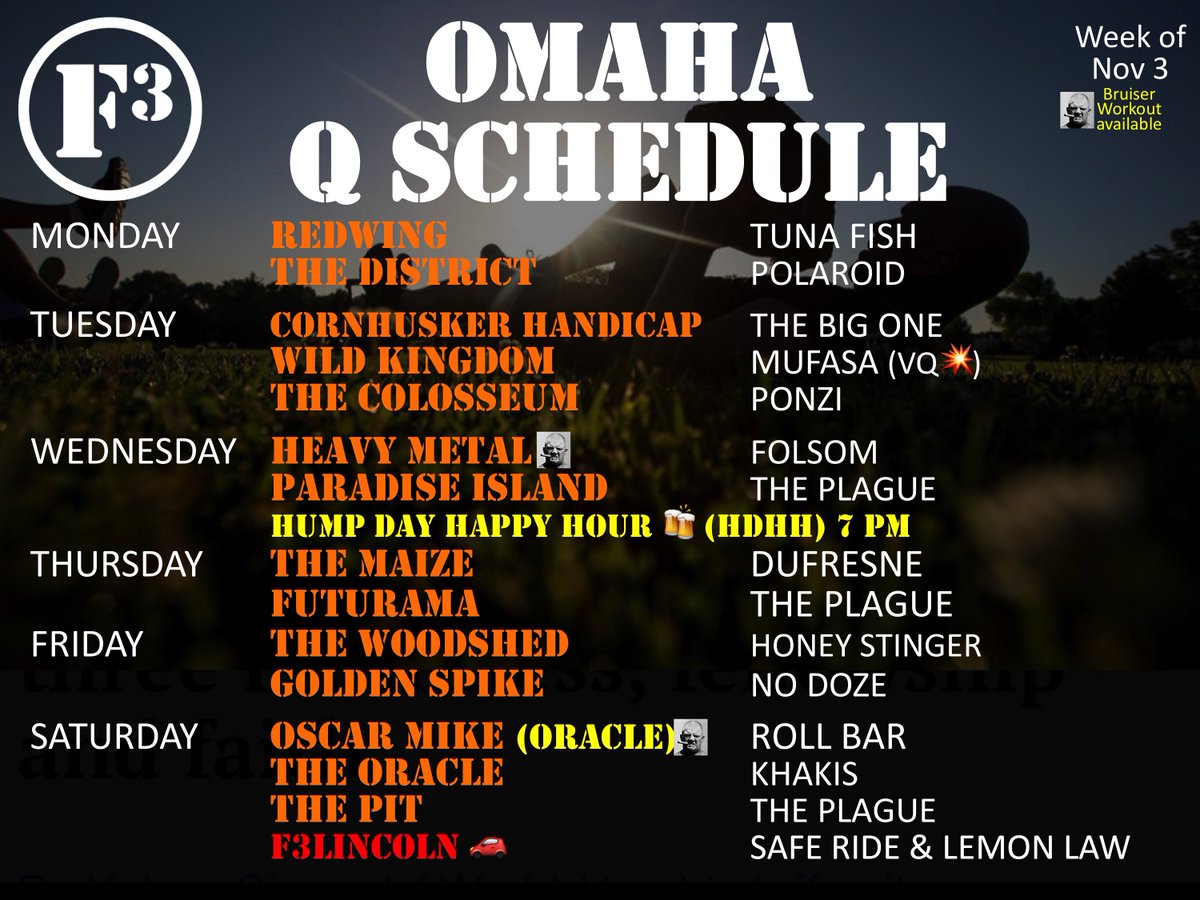 F3Omaha's tweet image. Weekly Schedule:
⚠️ VQ Alert 💥Mufasa @Omahagibby at @F3WildKingdom 

🍻HDHH | 7 PM Wed @omaha2nd #SecondF 

⚠️Sat Nov 9 | Safe Ride @gocubsjosh &amp;amp; Lemon Law @cbcunningham10  at @F3Lincoln.  Join them in the Clown Car 🚗&amp;amp; invite your #LincolnSadClowns