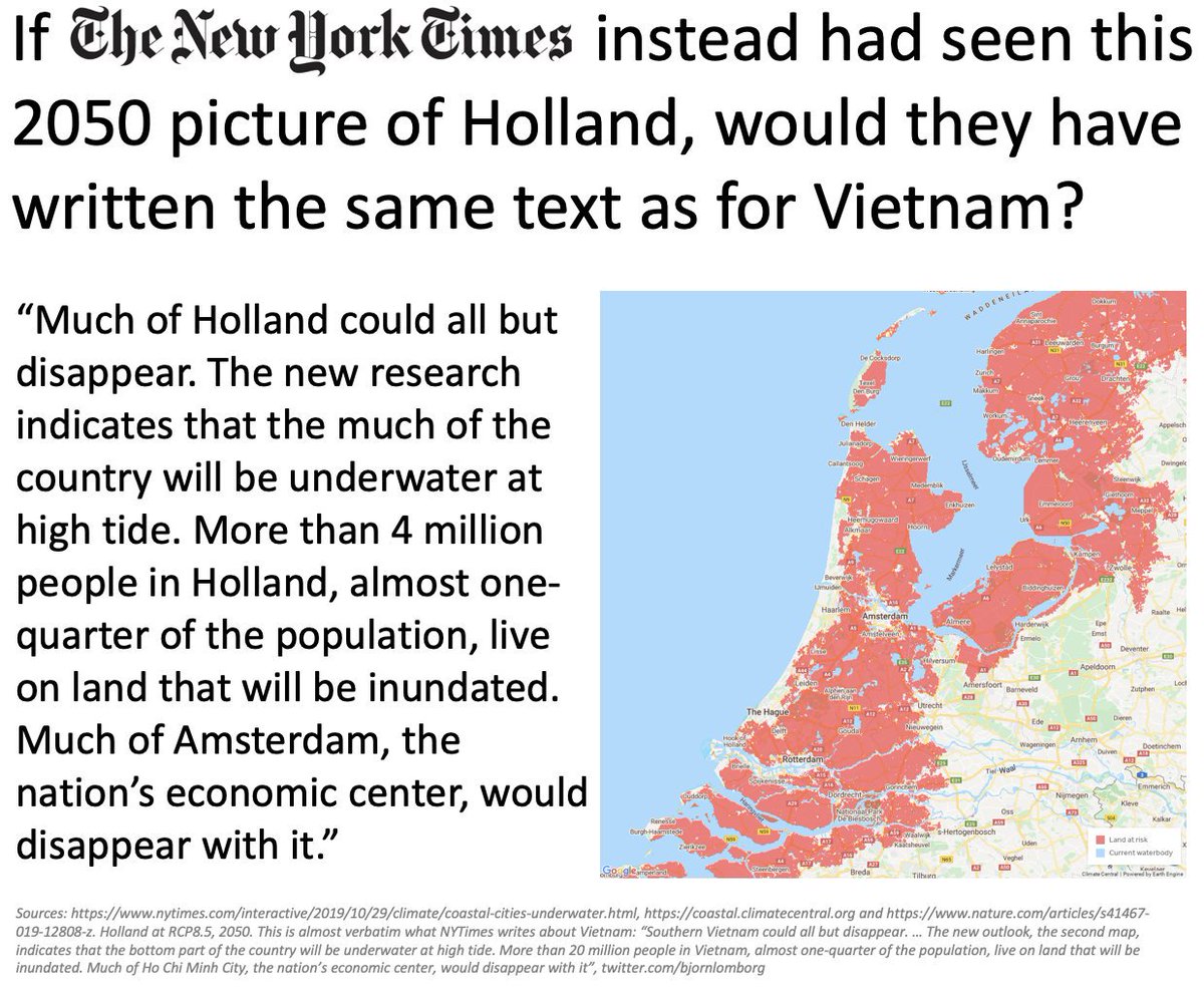 One has to wonder if NYTimes was misled by its prejudice to interpret an easy graph showing southern Vietnam almost entirely underwater in 2050 as catastrophe.What would have happened if they had seen the same 2050 graph for Holland?Would they have paused?