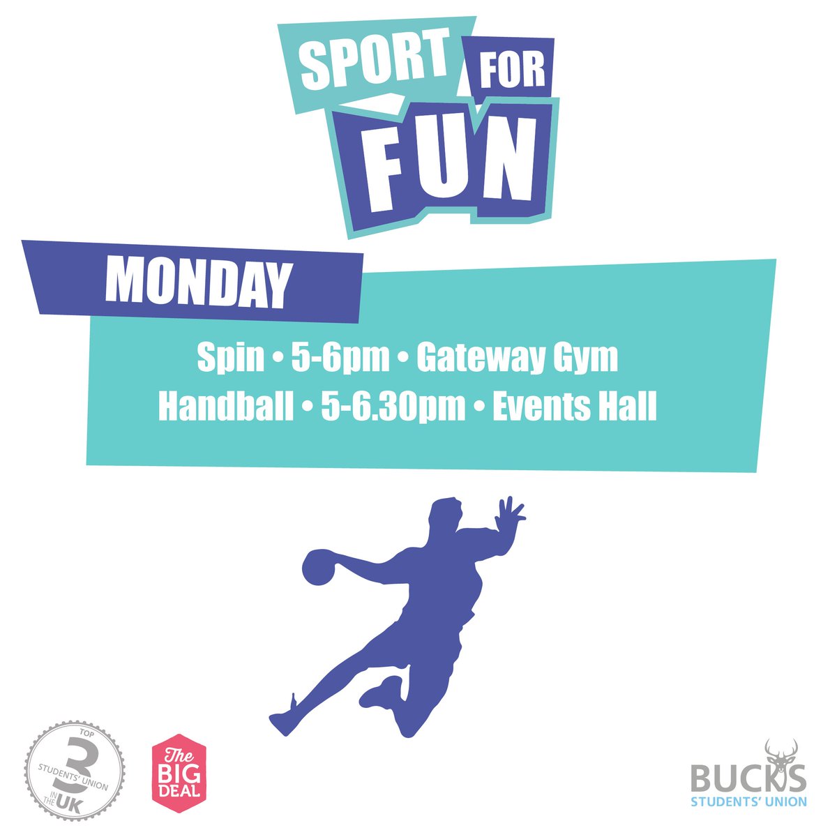 BucksSUSFF's tweet photo. Our week kicks off with Handball and Spin. To attend Spin please sign up at Gateway Reception beforehand, with Handball you can just turn up and enjoy. https://t.co/IHKSV80nVM