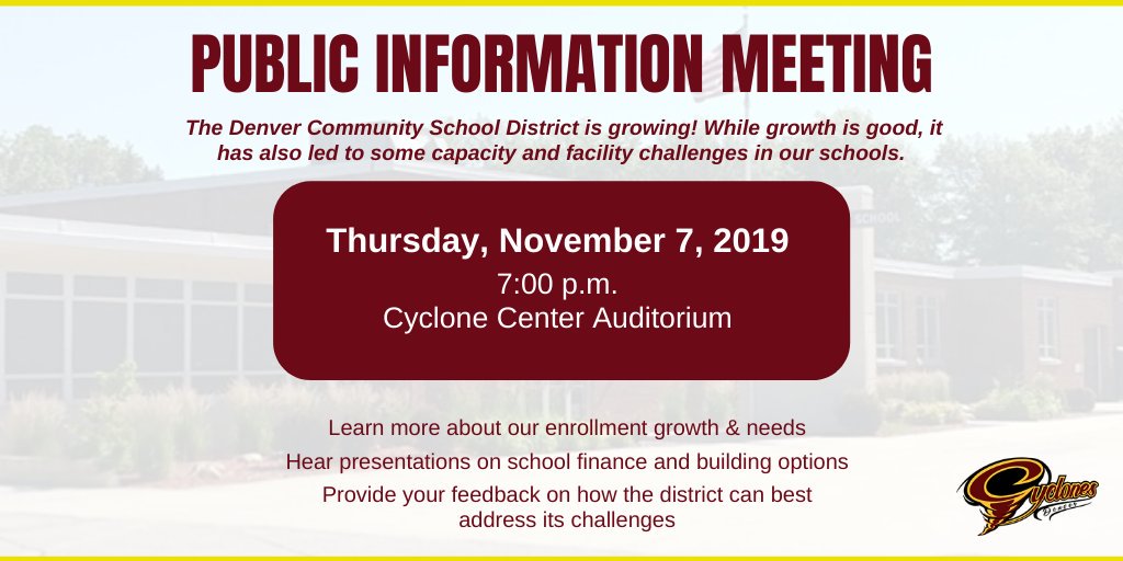 Brad (@laures6) on Twitter photo Our school district is growing! While this is good, it has also led to some capacity & facility challenges in our schools.
Learn more and provide your input at this community meeting. We hope to see you there! <a href="/DCycloneZone/">Denver CSD</a> #IagdtbaDC Our school district is growing! While this is good, it has also led to some capacity & facility challenges in our schools.
Learn more and provide your input at this community meeting. We hope to see you there! <a href="/DCycloneZone/">Denver CSD</a> #IagdtbaDC