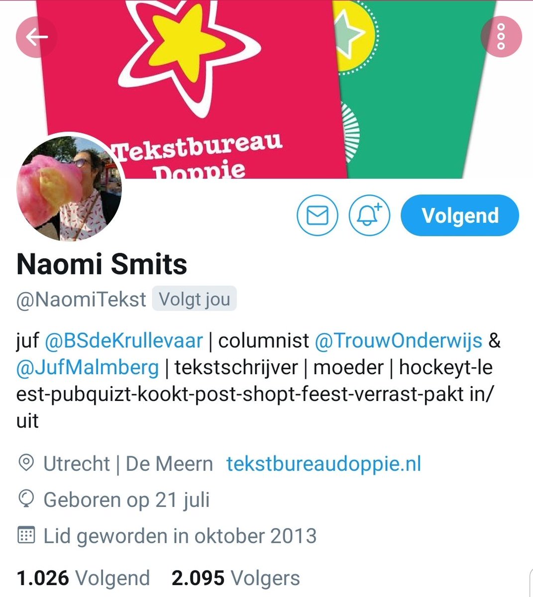 Vanaf 4-11 lopen we een week mee met <a href="/NaomiTekst/">Naomi Smits</a>, groep 3 <a href="/BSdeKrullevaar/">De Krullevaar</a>, onderwijscolumnist <a href="/trouw/">Trouw</a> en <a href="/JufMalmberg/">Juf & Meester</a>.

Na een roerig weekend met een spraakmakende onderwijsweek voor de boeg, de perfecte <a href="/NL_Leraar/">NL_Leraar</a> om op de voet te volgen. Humor, scherp én professional op-en-top!