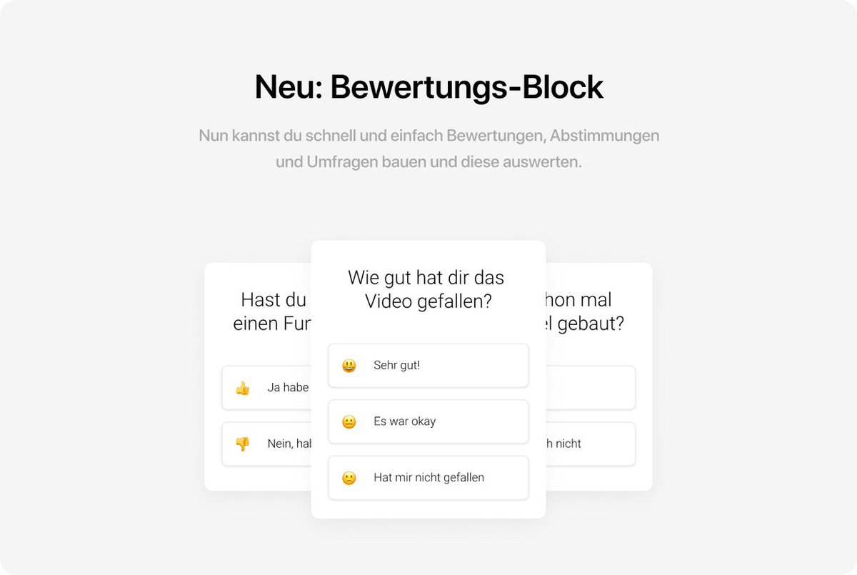 Launch Secret 4/6: 

Menschen wollen mobil lieber klicken, anstatt zu scrollen! 

Die Interaktionquote auf die interaktiven Fragen liegt mittlerweile bei über 90% über alle publizierten Mobile-Funnels. Deshalb wird es Zeit für neue „Bewertung-Blöcke“. Free Upgrade soon.