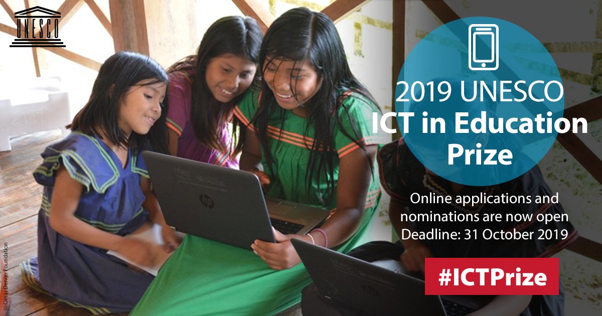 UNESCO's tweet photo. 📢 Call for Nominations for #ICTPrize is still open! 📢

Do you have a project that uses #ArtificialIntelligence to enhance teaching and learning? 

If so, the UNESCO ICT in #Education Prize could be for you! Deadline extended until 14 November. https://t.co/U1YtfJ3dJ7 https://t.co/t0PrGcneE8