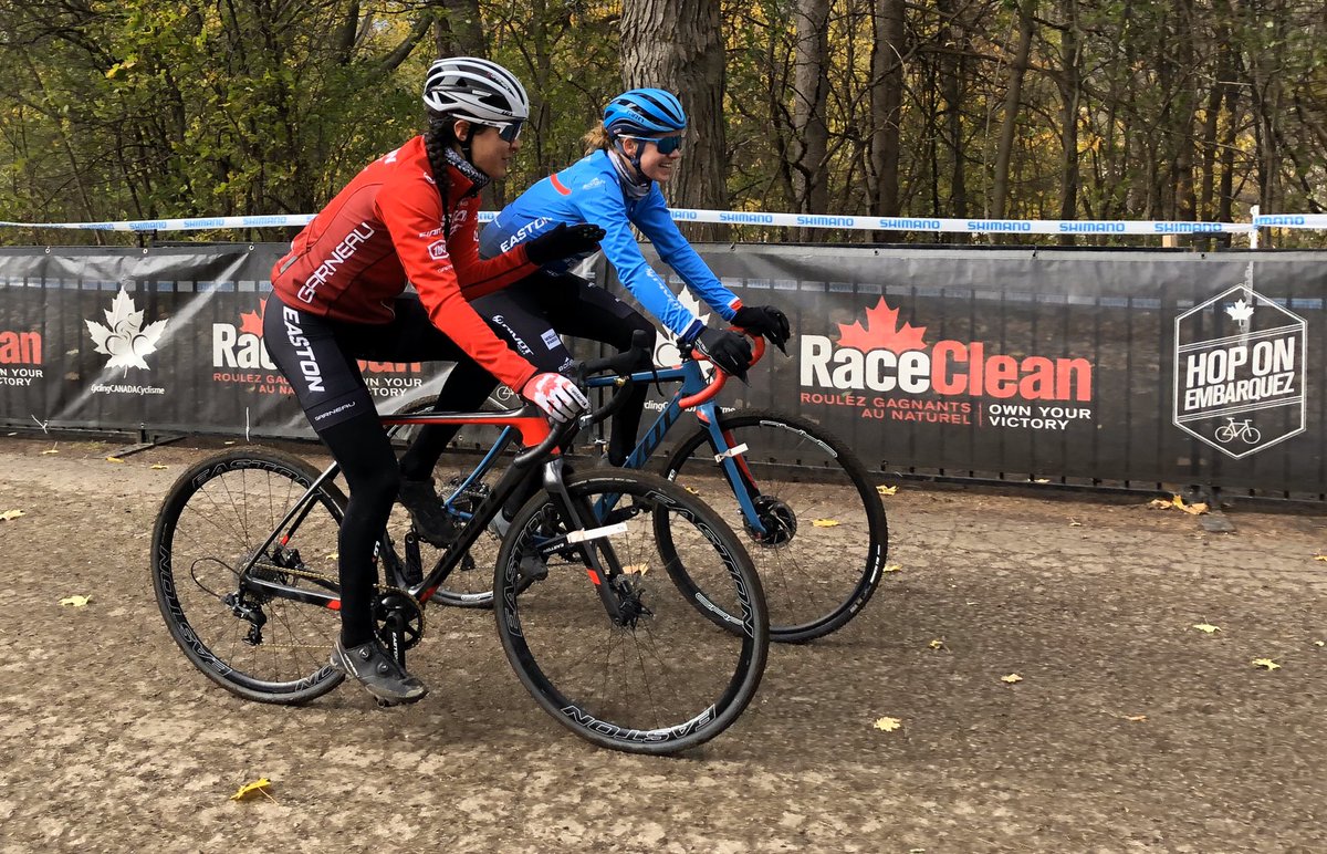 . <a href="/JennJackkson/">JennJackkson</a> and <a href="/ruby__west/">Ruby Gee-West</a> pre-riding the <a href="/PtboCX/">🇨🇦 Cyclocross Championships</a> course. C2 level racing coming up. #CanCXChamps #cxnats2019 #ptbocx2019