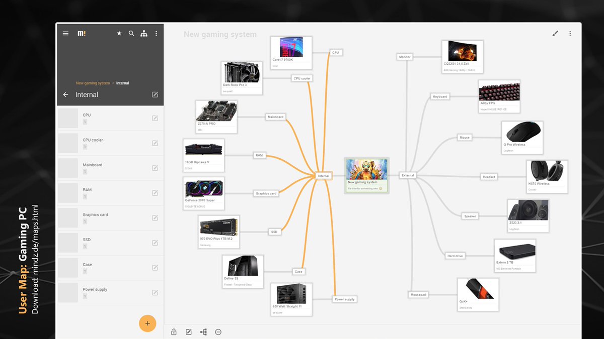 mindz_app's tweet image. A new user #mindmap from @DER_RONMUE. We hope the new system is fun. 👾 You can download it now on mindz.de. Thanks for sharing! 👍 

#mindmapping #app #android #hardware #gaming #gamingpc #GamingSetup