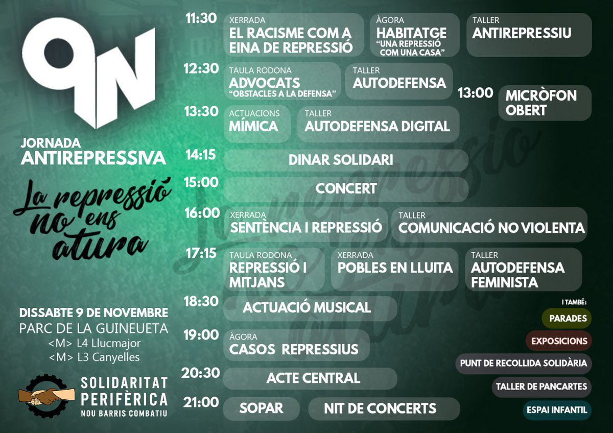 🤗 Així serà el #9N a Nou Barris! Tindrem, durant 12h, tres espais ens els quals realitzarem xerrades, taules rodones, àgores, dinar solidari... Tots els beneficis seran destinats a fer front als diversos casos repressius.
📲Pendents a xarxes!

#LaRepressióNoEnsAtura