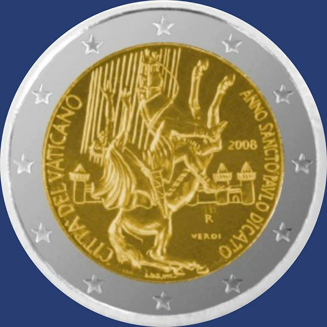 Numis_Hero's tweet image. 🇻🇦#Vaticà - 2008
·
·Any dedicat a l'apòstol sant Pau amb motiu del bimil·lenari del seu naixement
·
·A la moneda apareix representada la conversió de Pau camí de Damasc, ciutat que es pot veure al fons. Enlluernat per una llum procedent del cel, el sant cau de la seva encabr…