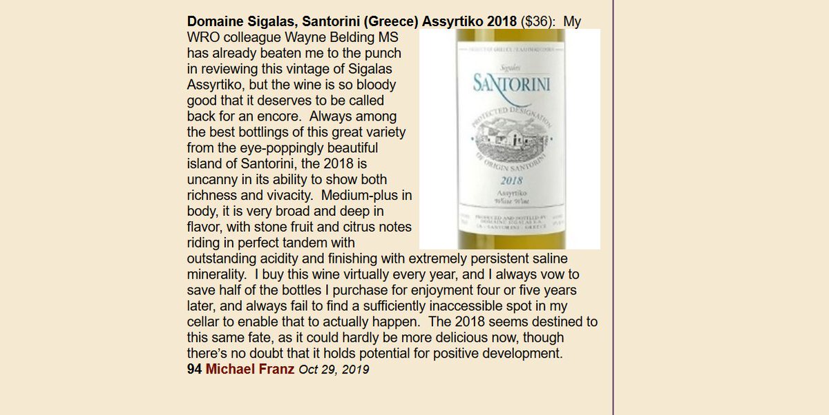 WineReviewOnline.com (@winereviewonlin) on Twitter photo Recently reviewed by <a href="/Michael_Franz/">Michael Franz</a>, <a href="/DomaineSigalas/">Domaine Sigalas</a> 2018 Assyrtiko, Santorini, Greece, 94 Points
More #wine reviews at WineReviewOnline.com/wine_reviews.c… Recently reviewed by <a href="/Michael_Franz/">Michael Franz</a>, <a href="/DomaineSigalas/">Domaine Sigalas</a> 2018 Assyrtiko, Santorini, Greece, 94 Points
More #wine reviews at WineReviewOnline.com/wine_reviews.c…