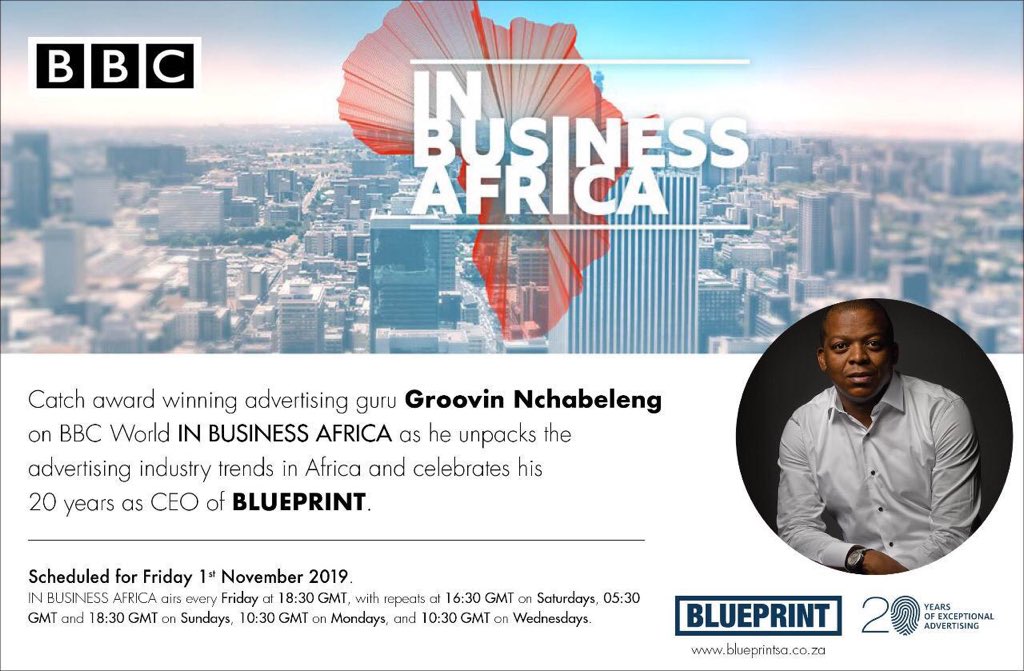 He’s an award-winning advertising guru, Groovin Nchabeleng speaks to BBC World In Business Africa about advertising industry trends on our continent. He also celebrates 20 years as CEO of Blueprint. Catch him at 20:30 (CAT) on channel 400.