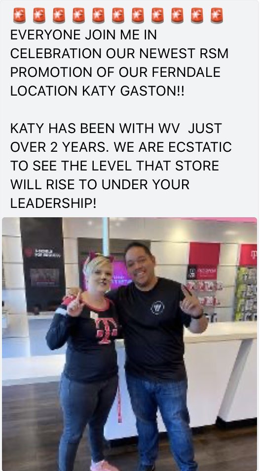 KatyGaston2's tweet photo. Officially promoted to RSM as of the 1st of this month!! #yearofyou #SeattleNorth #GirlBoss @WirelessVision @Bmcalis @thatsammori @RyanGRuiz @MichaelRosass @JohnLegere https://t.co/wgDq7BUcXr