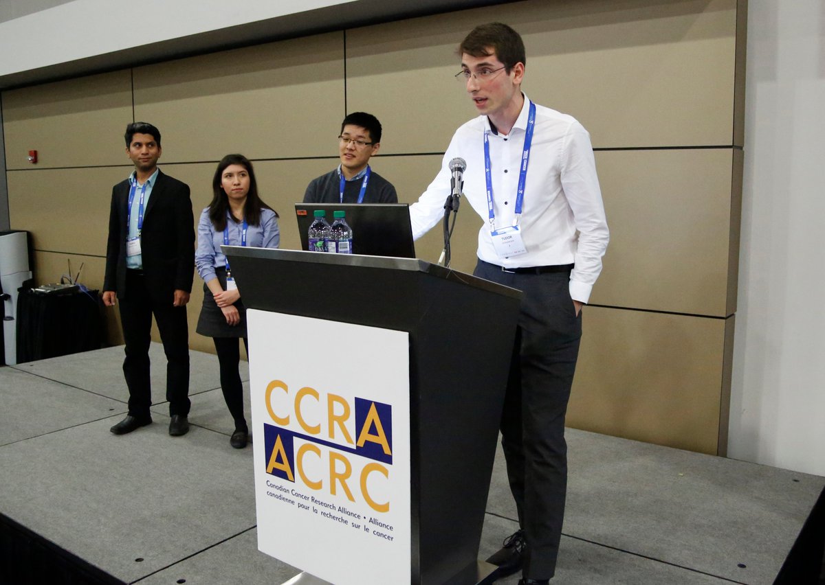 cancerstratCA's tweet photo. Congratulations to the #Hack4Cancer participants and the three team finalists shown here. They took the #CCRAconf stage this afternoon following an all-data data hackathon focused on expanding knowledge of health equity issues in the cancer system. Well done! https://t.co/7cZ7eKlhPj