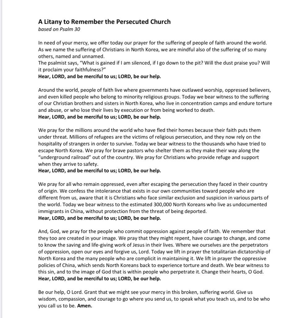 Today, we at FBC Hamilton and across the world joined together in prayer for our brothers and sisters in North Korea, who are daily suffering for the sake of Christ. We read this litany today. It’s words are so powerful. #internationaldayofprayerforthepersecutedchurch