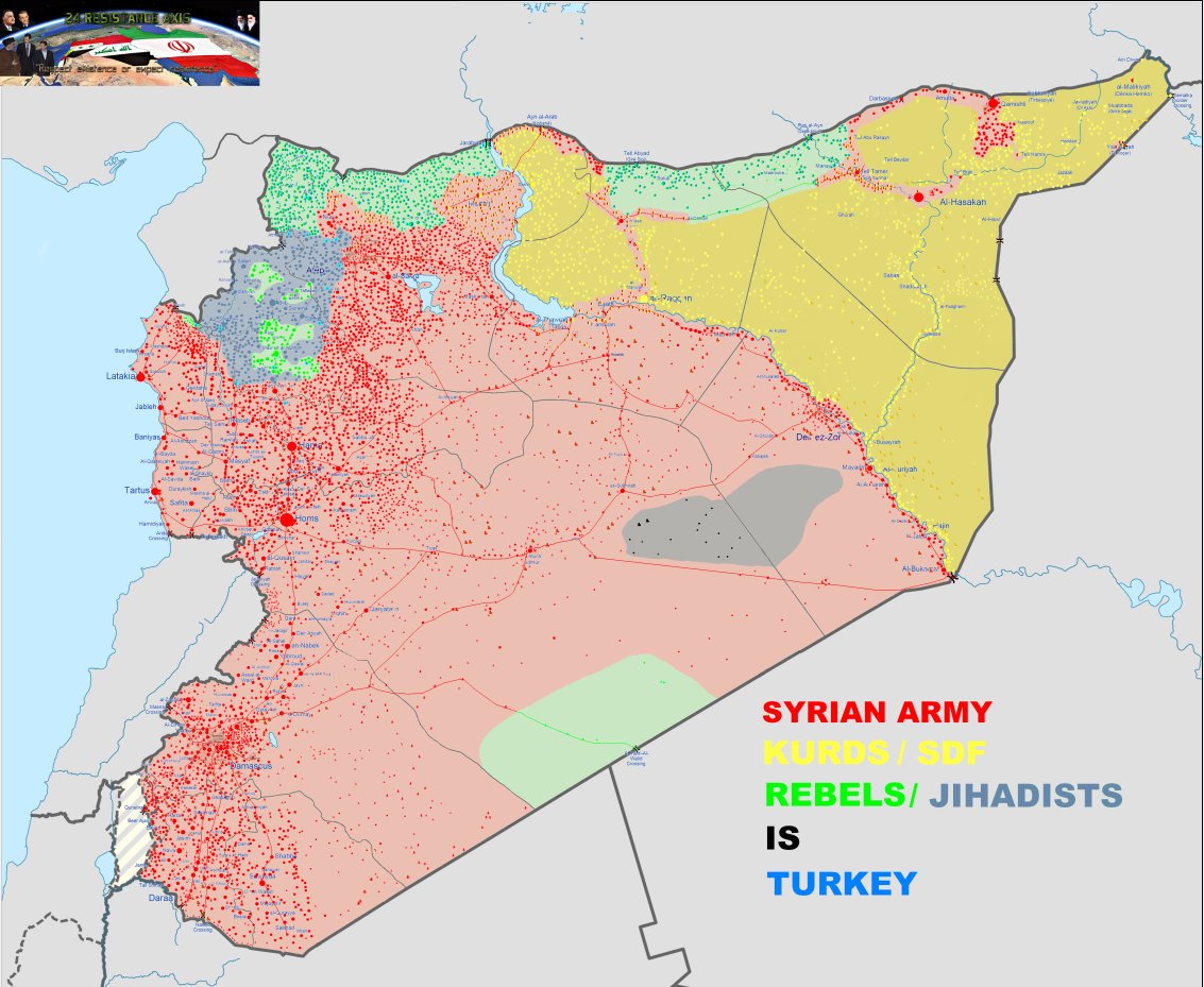 SyriaWar2's tweet image. #SYRIAMAP 03-11-2019
Some red areas isnt fully controled by army:
- in Daraa are many rebels sleeper cells or towns without army only local ex FSA militia 
- the same is in desert Daesh sleeper cells
- NE of Syria is a mess Turkish army, Russian MP, Syrian Army, FSA, SDF here