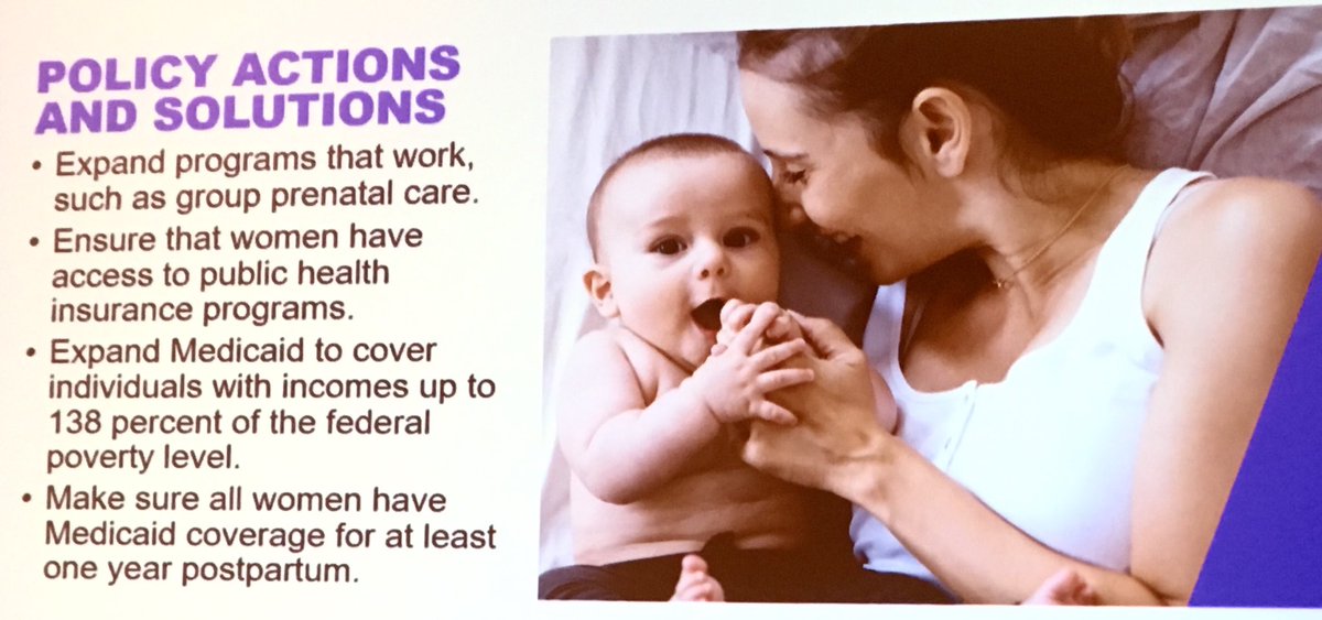 Dr Rahul Gupta of @MarchofDimes: some policies that work to reduce #maternalmortality & pretermbirths: group visits for prenatal care, access to insurance, expanding Medicaid, extending Medicaid to 1 year postpartum #APHA2019