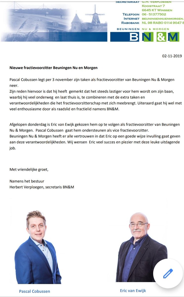 BN&amp;M heeft een nieuwe fractievoorzitter. Eric van Ewijk volgt <a href="/PCobussen/">Pascal Cobussen</a> op. Pascal  legt zijn taken neer en uiteraard met veel enthousiasme door als raads en fractielid. Eric, veel succes met deze leuke uitdagende job en we bedanken Pascal voor zijn gewaardeerde inzet.