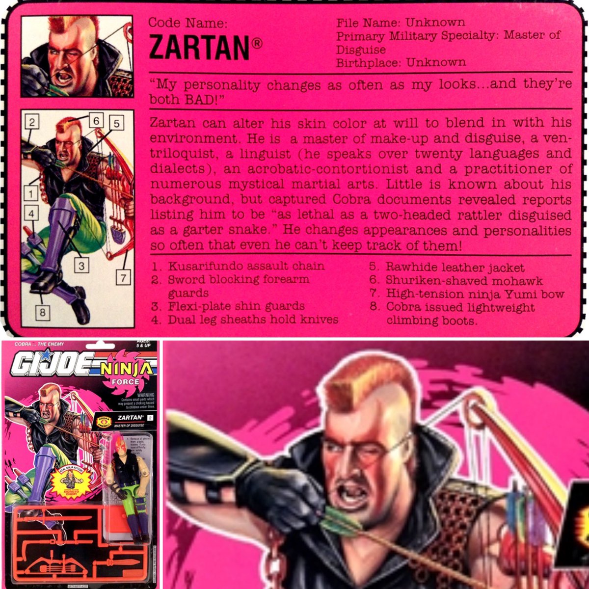 Talking_Joe's tweet photo. On this week's episode Chris talk about this guy! Ninja Force Zartan v2 (US only) 1993. Pics courtesy of 3D Joes. Carded figure, filecard and card art. Randy Emberlin pin up from 94 and his appearance in the tv commercial. #gijoe #yojoe #filecard #hasbro #actionfigures #Retro https://t.co/XfrDBgBYSn
