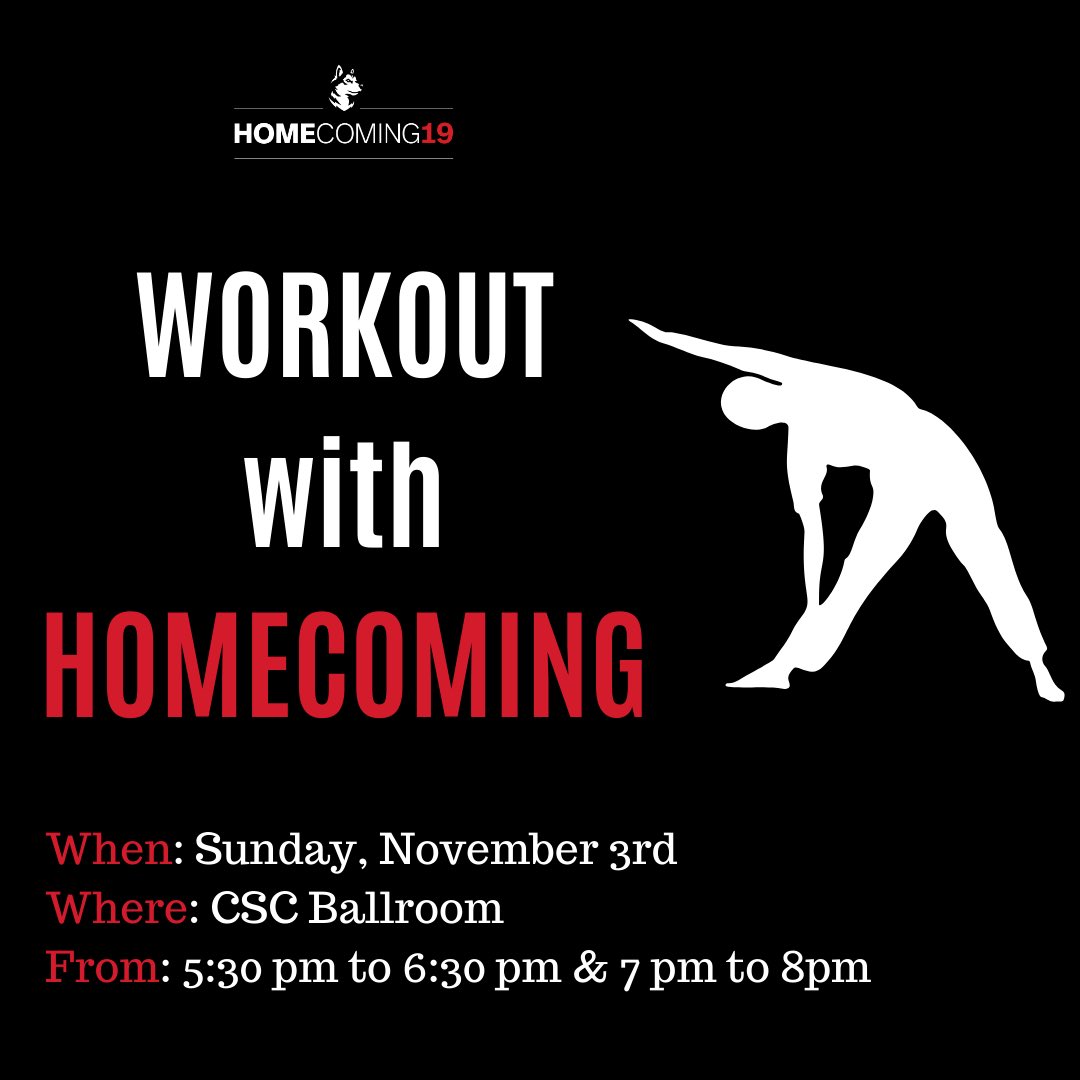 Join #homecomingnu in the Curry Ballroom to sweat it out during a fun fitness class from 5:30-6:30! We will then do a cool down yoga class from 7-8 pm to get recharged for the week! Make sure to bring your yoga mat/towel and a reusable water bottle!  #nuexperience