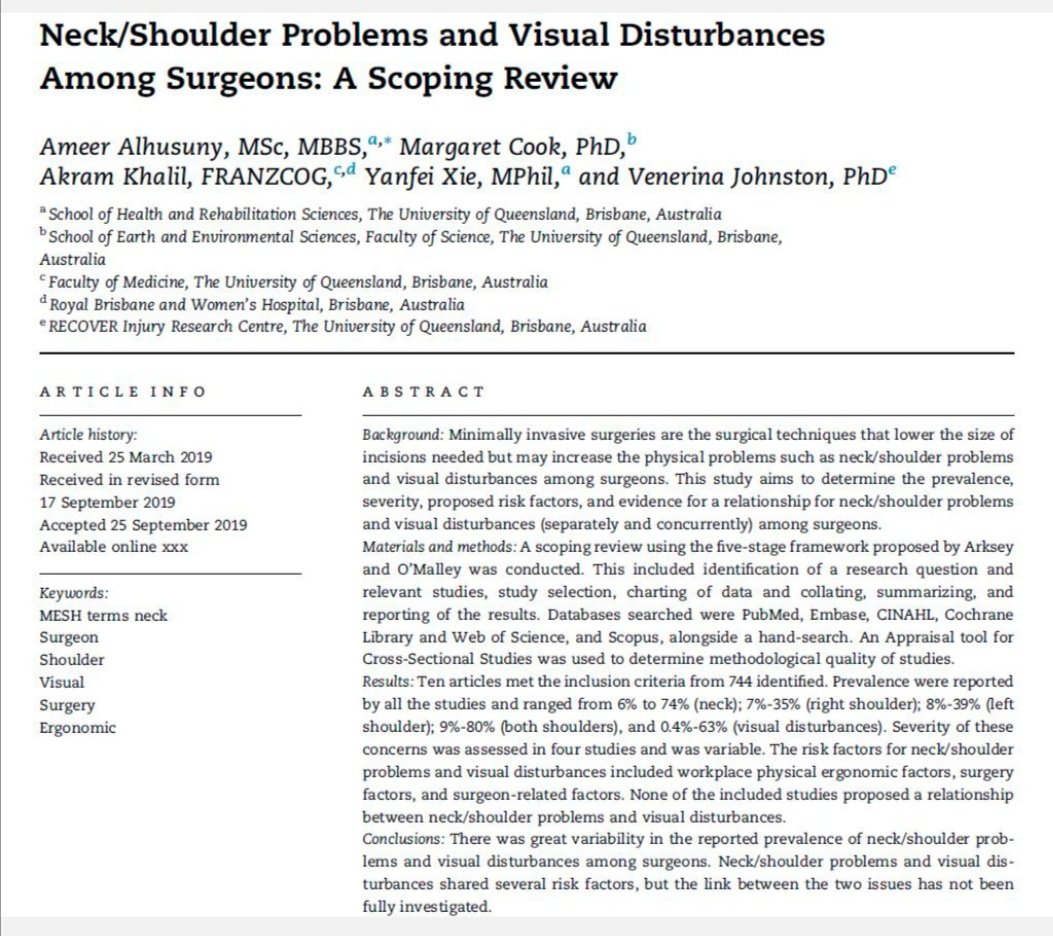 Yanfei_Xie's tweet image. There is a variety in the reported prevalence of #neck/shoulder problems and #visualdisturbance in #surgeons. The link between two issues has not been fully investigated. Great work from @Ameern80 sciencedirect.com/science/articl…