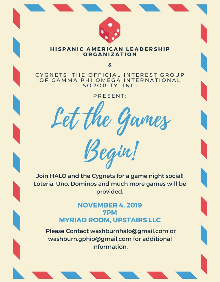 Join <a href="/wuhalo/">Washburn HALO</a> and the Cygnets for a fun-filled game night! Games include Loteria, Uno, and more! See you Monday, November 4, 2019 at 7pm in the Myriad Room located upstairs in the LLC. Let the games begin!