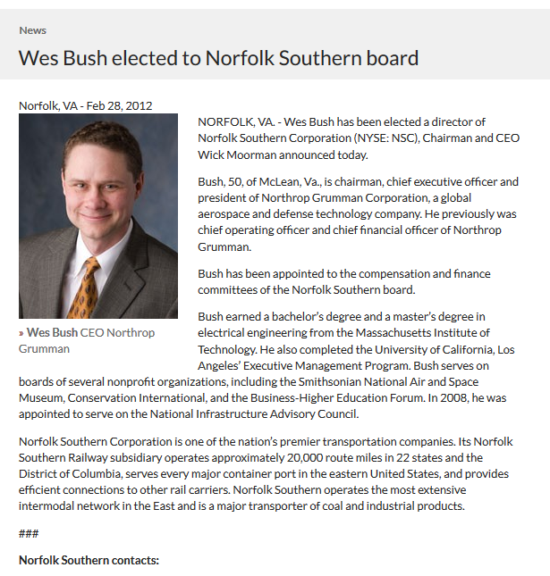 Rise4rojavaATL's tweet photo. Wes Bush, a director for Norfolk Southern since 2012, was CEO of Northrop Grumman until the end of 2018. https://t.co/CyPFXBVzfr
