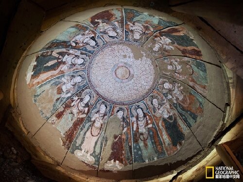 Kumtura Thousand Buddha Caves, 6th century mural on vault ceiling. 25km outside Kucha,  #Xinjiang, ChinaThe mural dates from when Kucha 龟兹 was an Indo-European Tocharian speaking city state