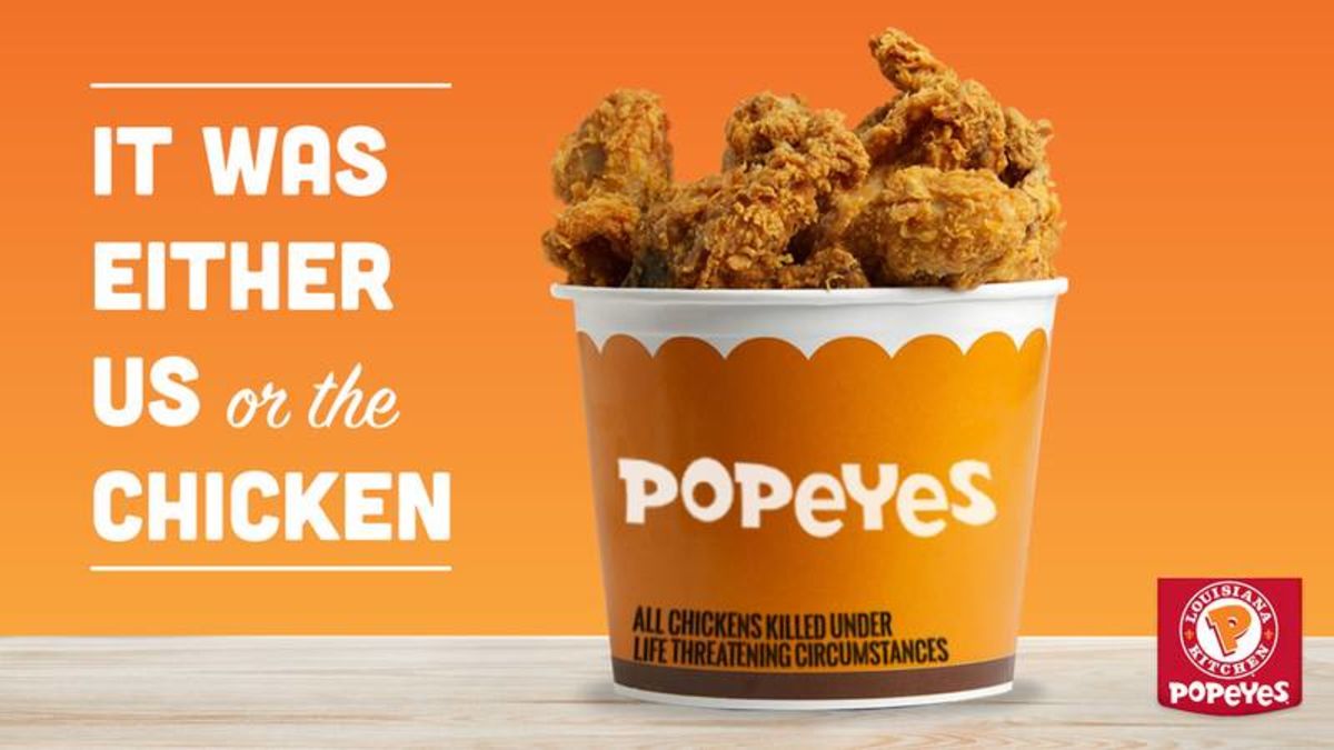 ClickHole's tweet image. Animal Rights FTW! Popeyes Has Announced That They Will Only Serve Chickens Killed In Self-Defense! clckhl.co/sk99enH