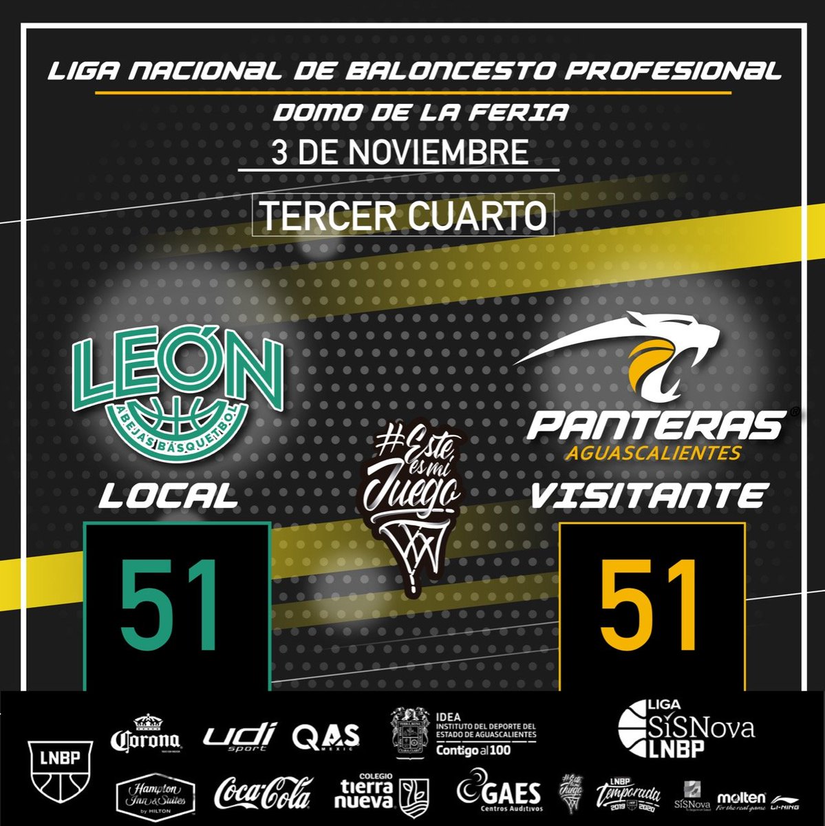 El clásico es grande con Panteras en casa de <a href="/abejasdeleon/">Abejas de León</a> , iguales al final del tercer cuarto.  #agsterritoriopantera #sientetujuego #LNBPlaTienesQueVivir #EsteEsMiJuego #LNBP20192020 #Temporada20192020 #LNBP 
<a href="/abejasdeleon/">Abejas de León</a>