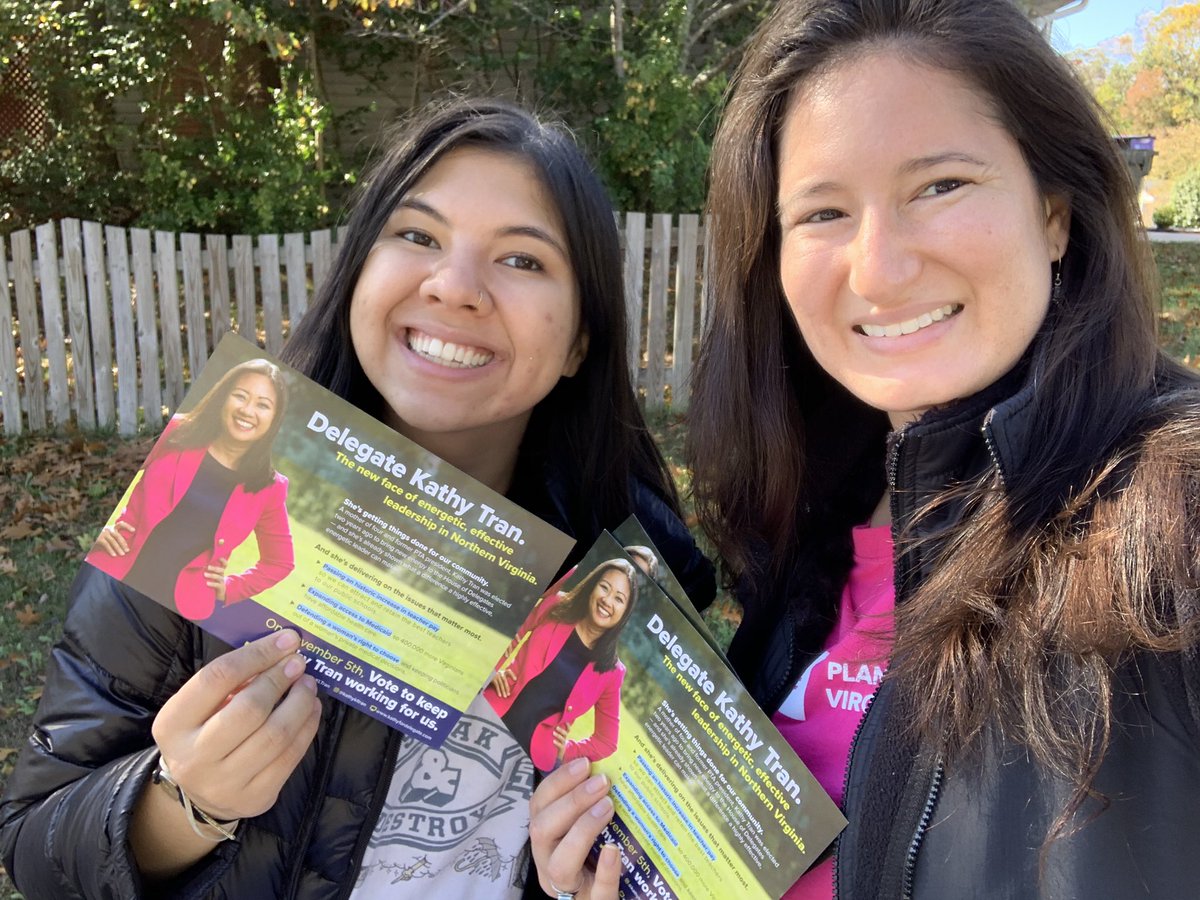 LauraVee_eM's tweet photo. Another great day knocking doors for repro rights champion @KathyKLTran!!! @PPADMV #2days #GOTV #FlipVABlue #PinkOutVA #FinalCountdown https://t.co/mTYs4FMEZq
