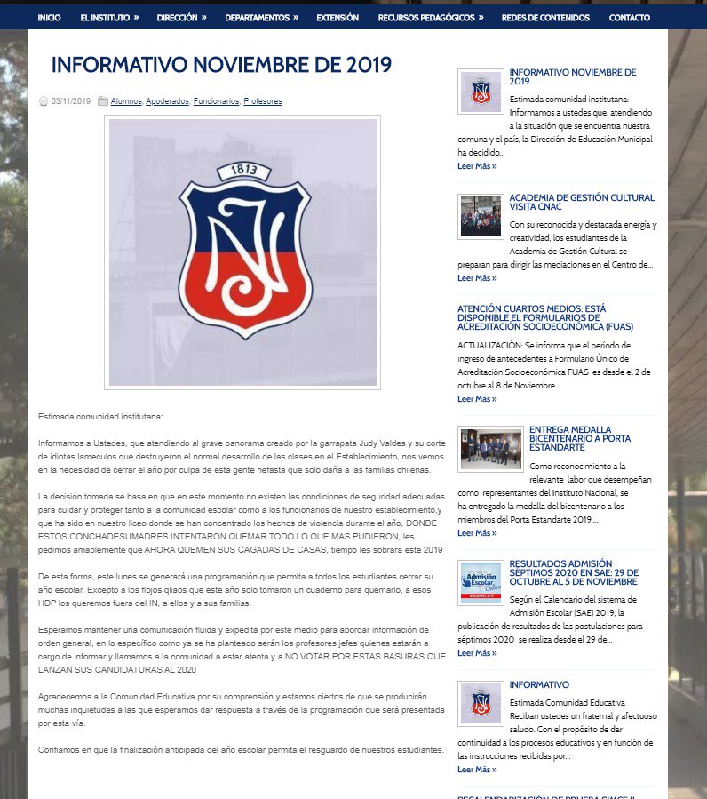 <a href="/BOTdelNacional/">Soy un Bot</a> <a href="/InstitutanaV/">Institutana Verdadera</a> <a href="/RenAlmeyda1/">René Almeyda</a> <a href="/NoMasTomas2/">NoMasTomas</a> @ReinhardVGehlen <a href="/Exupery2019/">Exupery2019</a> <a href="/Rodolfo19635467/">Rodolfoelreno</a> <a href="/sandonaegui/">Sofia Andonaegui</a> <a href="/LaLeyEsRelativa/">#Republicano 🇨🇱 #DerechaSinComplejos 👍🏻</a> <a href="/carreragonzalo/">@carreragonzalo DIPUTADO</a> <a href="/eljorgearanci/">Jorge Arancibia</a> <a href="/MotinEstudiant1/">Motín Estudiantil</a> <a href="/0Disfunsion/">Disfunsion.in2.0</a> <a href="/Meruanista/">Meruanista</a> <a href="/sergioulloa1/">Una nueva consciencia</a> <a href="/caesear/">Kaiser (En guerra contra un enemigo poderoso)</a> <a href="/rainerhc/">Rainer Herrera C.</a> COMUNICADO INSTITUTO NACIONAL POR CIERRE AÑO ESCOLAR POR SEGURIDAD (PARA LA EX PRESIDENTA DEL CEPA A0 pro capucha ) y que el PC le paga 3 palos. 
Difundir. Se cagaron a toda una comunidad estas basuras Comunachas <a href="/RenAlmeyda1/">René Almeyda</a> <a href="/gene_llerena/">Gene F. Llerena</a>