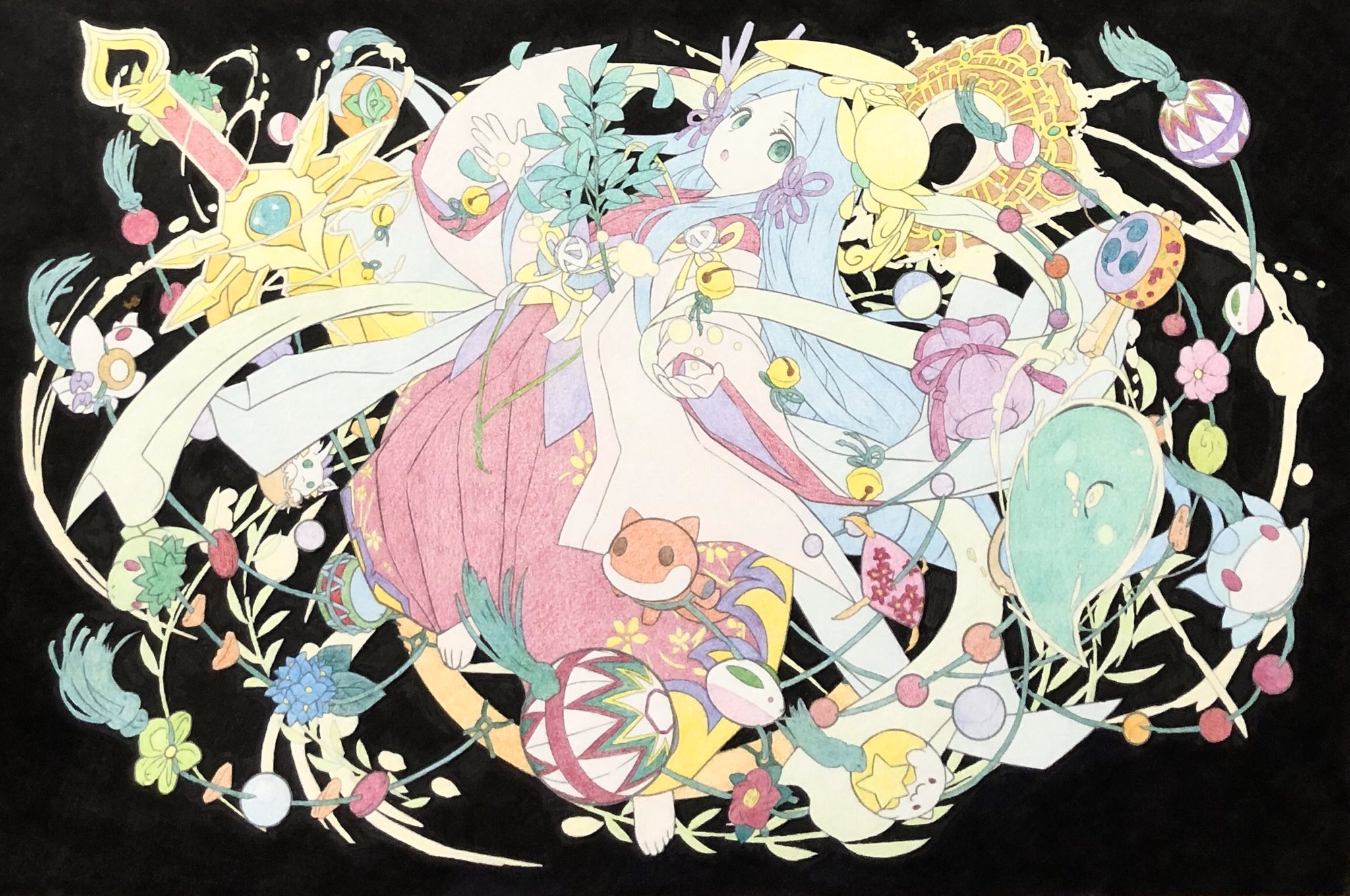 ドリス パズドラ塗り絵をからアマテラスを塗り終えました 濃淡やグラデーションを使わず単色パステルカラーで仕上げました 淡い色が映えるように背景は黒ペン ボールペン サインペン 筆ペン で塗り潰しました ドリさん完成作 大人の塗り絵 パズドラ