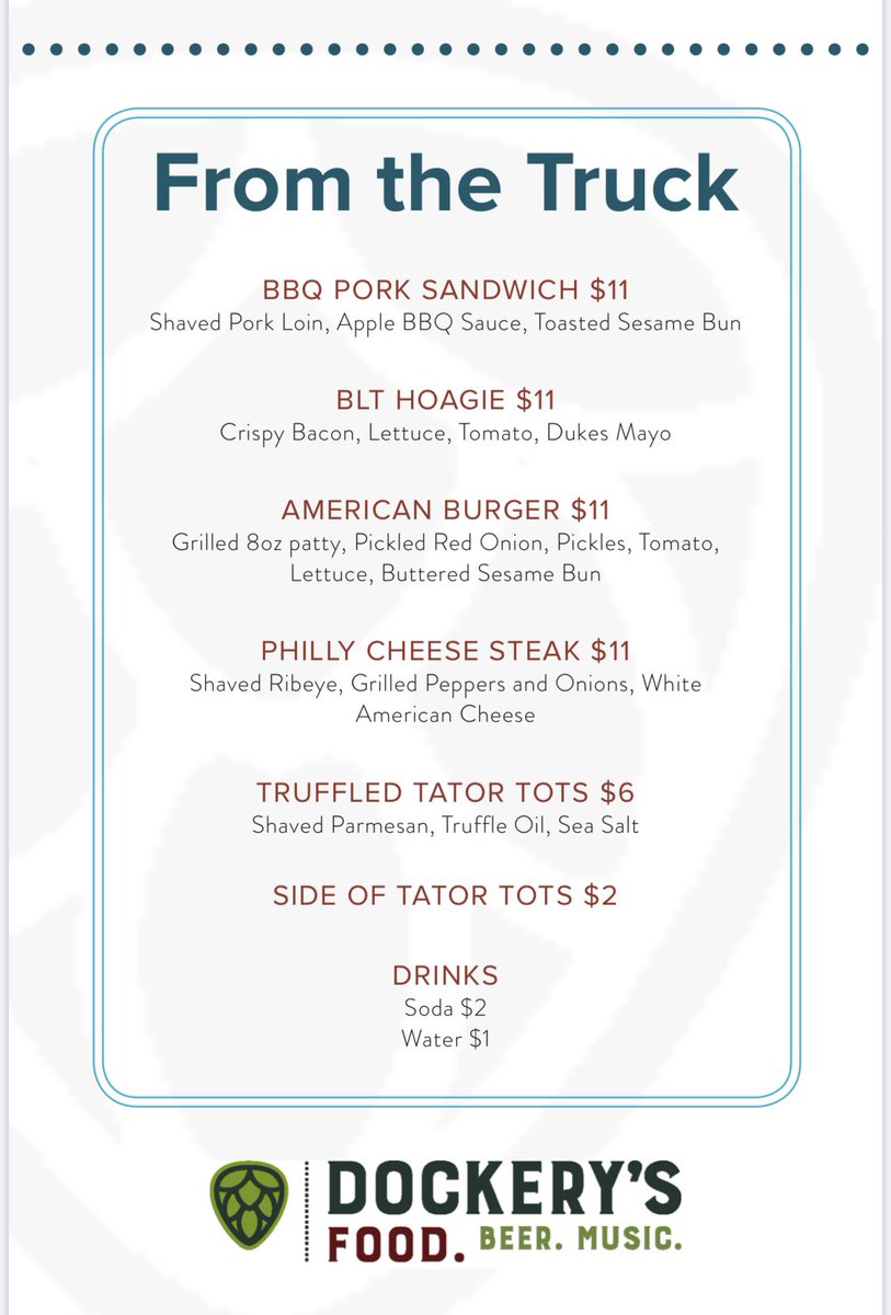 dockerysdi's tweet image. Dockery’s menu For Monday, looking forward to a great lunch tomorrow! 

#aquariumfoodtrucks