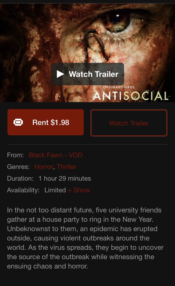 Check out ANTISOCIAL on Black Fawn’s Video-On-Demand! Five university friends gather at a house party to ring in the New Year. Unbeknownst to them, an epidemic has erupted outside, causing outbreaks around the world.

vimeo.com/ondemand/antis…