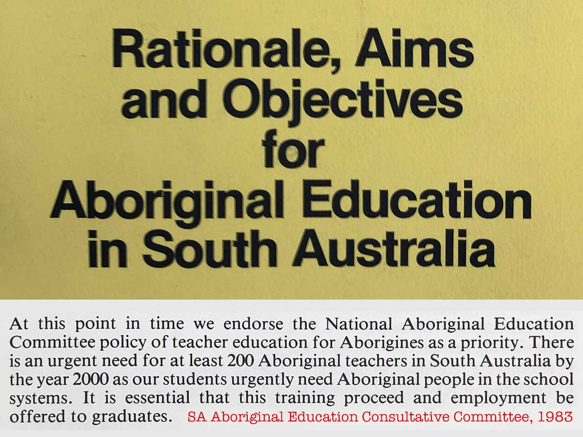 marktf's tweet photo. Found this Consultative Committee 1983 policy statement calling for 200 Aboriginal teachers in SA by 2000: According to @MATSITI data, 107 teachers in 2015 (0.5% of SA teacher workforce) Glacial progress! @saaetcc @taraba41 @BuckskinPeter https://t.co/rBQyDIeLY9 https://t.co/1HLlAINykN