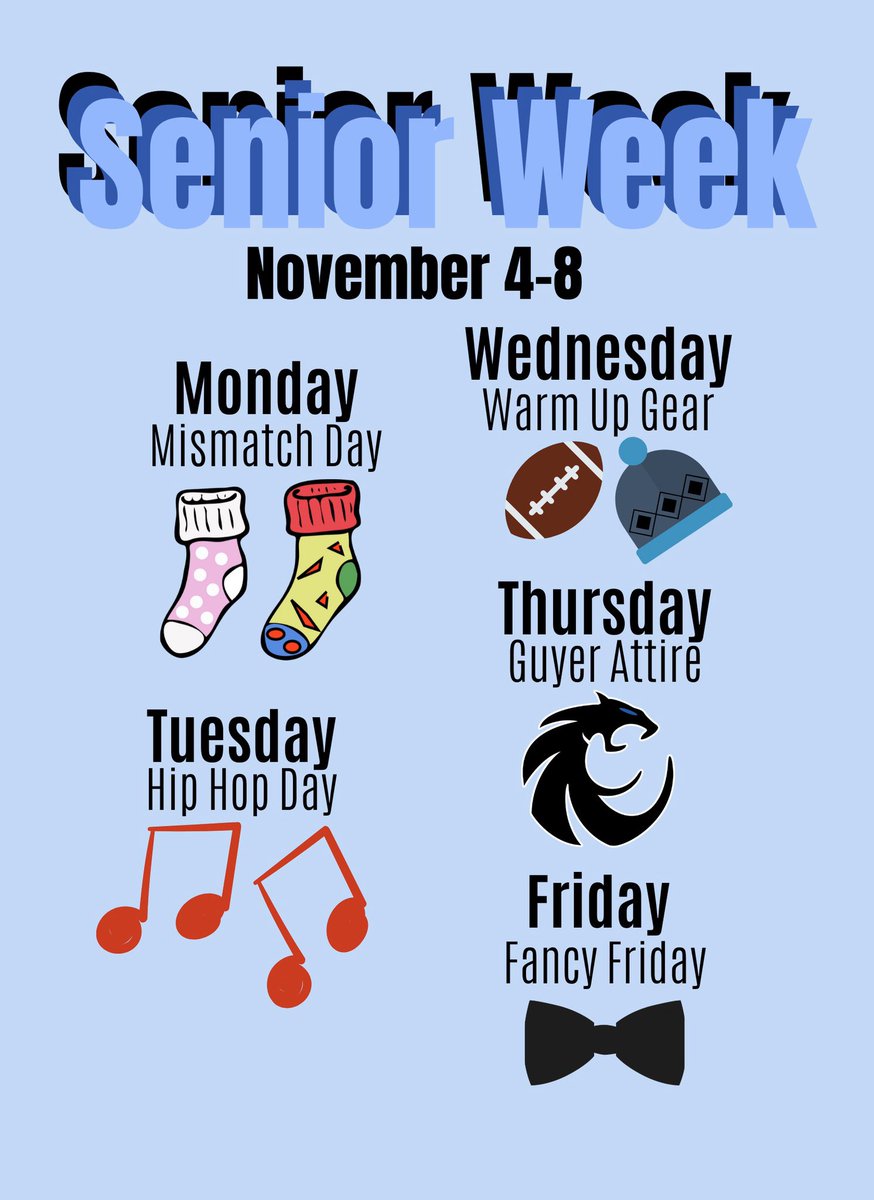 Tomorrow is the beginning of senior week!! ALL grade levels can dress up! Make sure to spread the word!!🎉🐾😁